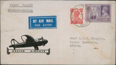 1946 (July 5) Deccan Airways Madras to Bhopal first flight cover, illustrated with a handpainted