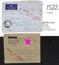 1954 (Jan. 7/8) Cover from Penang and air letter from Kuala Lumpur, to G.B., both with "T" below "B"