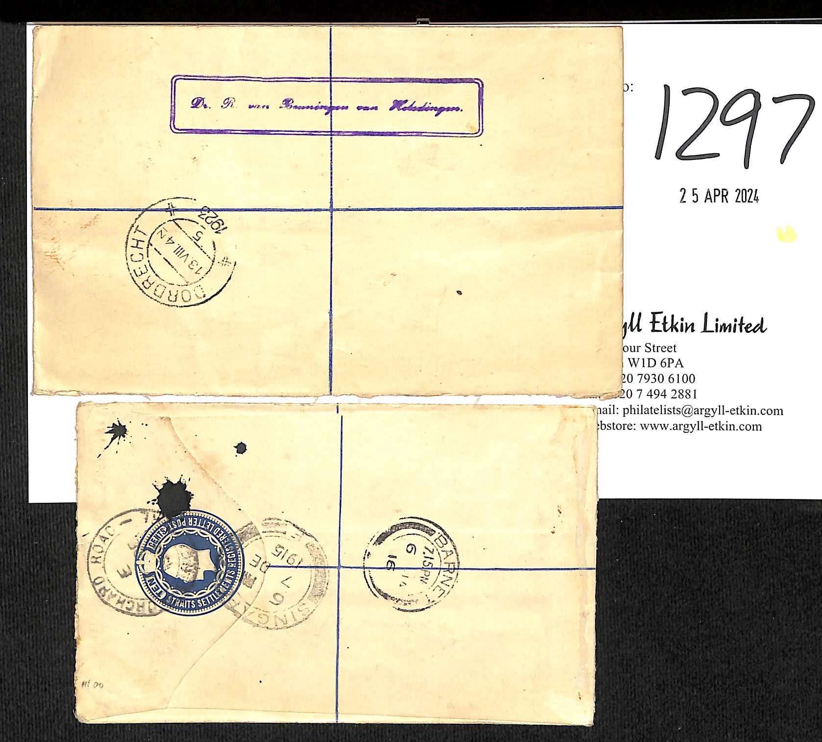Orchard Road. 1915-23 Registration envelopes to Europe, the first bearing Singapore registration - Image 2 of 2