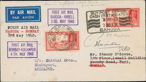 1940 (May 3/4) Cover carried on the Air Services of India first flight from Baroda to Bombay,