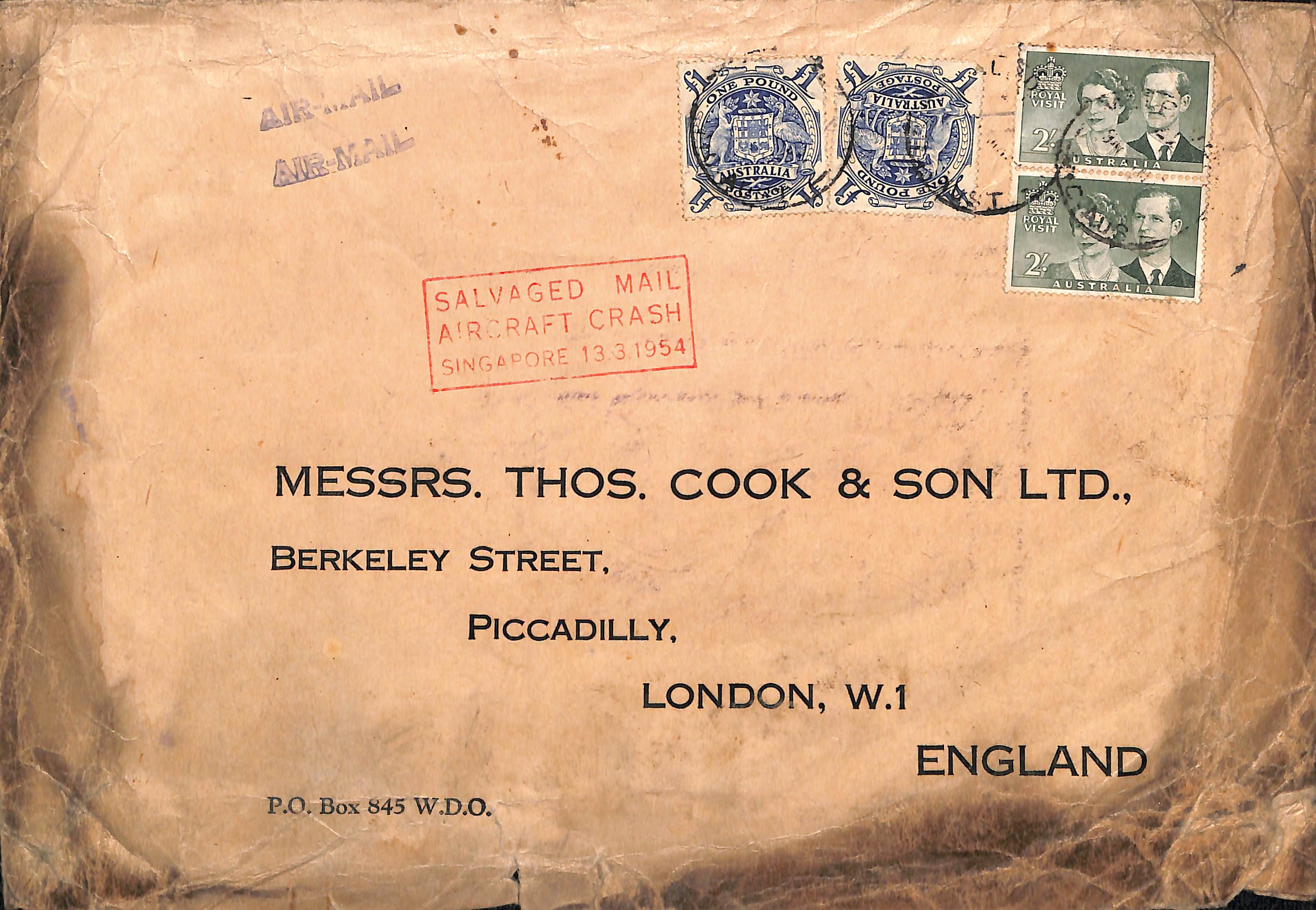 From Australia. 1954 (Mar. 11) Large cover to Thos Cook franked Royal Visit 2/- (2) and Arms £1 blue