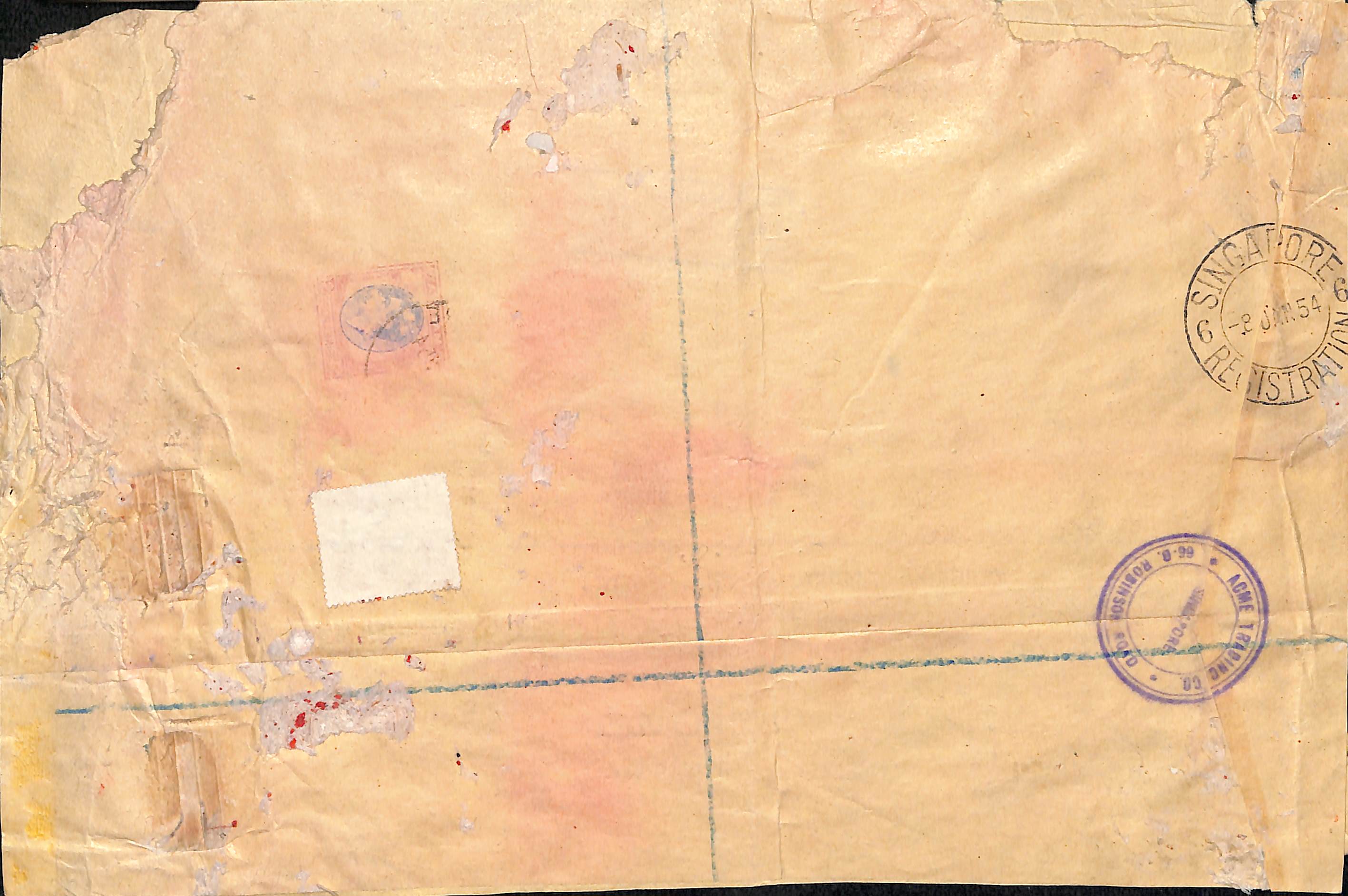 1954 (Jan. 8) Large registered cover from Singapore to London with "DAMAGED IN COMET / AIRCRAFT - Image 2 of 2