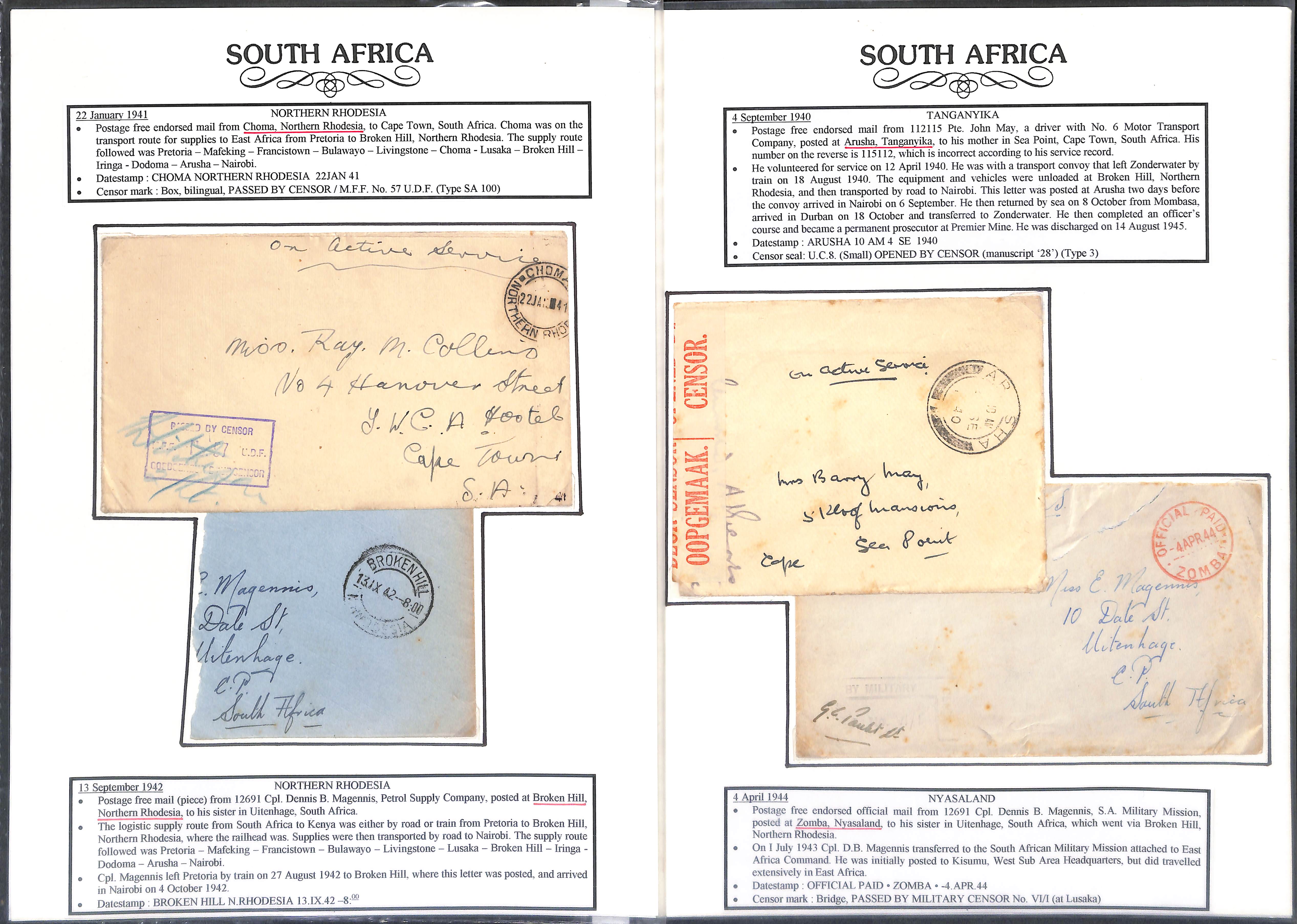 1940-44 Stampless forces covers with datestamps of Arusha (Tanganyika), Choma or Lusaka (Northern