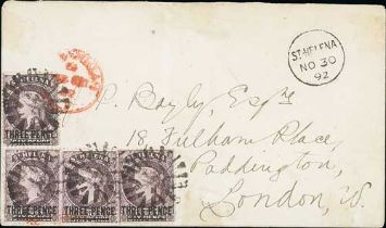 1892 (Nov 30) Cover to London, the 1/- double rate paid by 3d single + strip of three all with