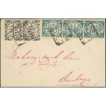 c.1884 Local cover bearing 1884 perforated ¼a blue-green vertical strip of three (one with