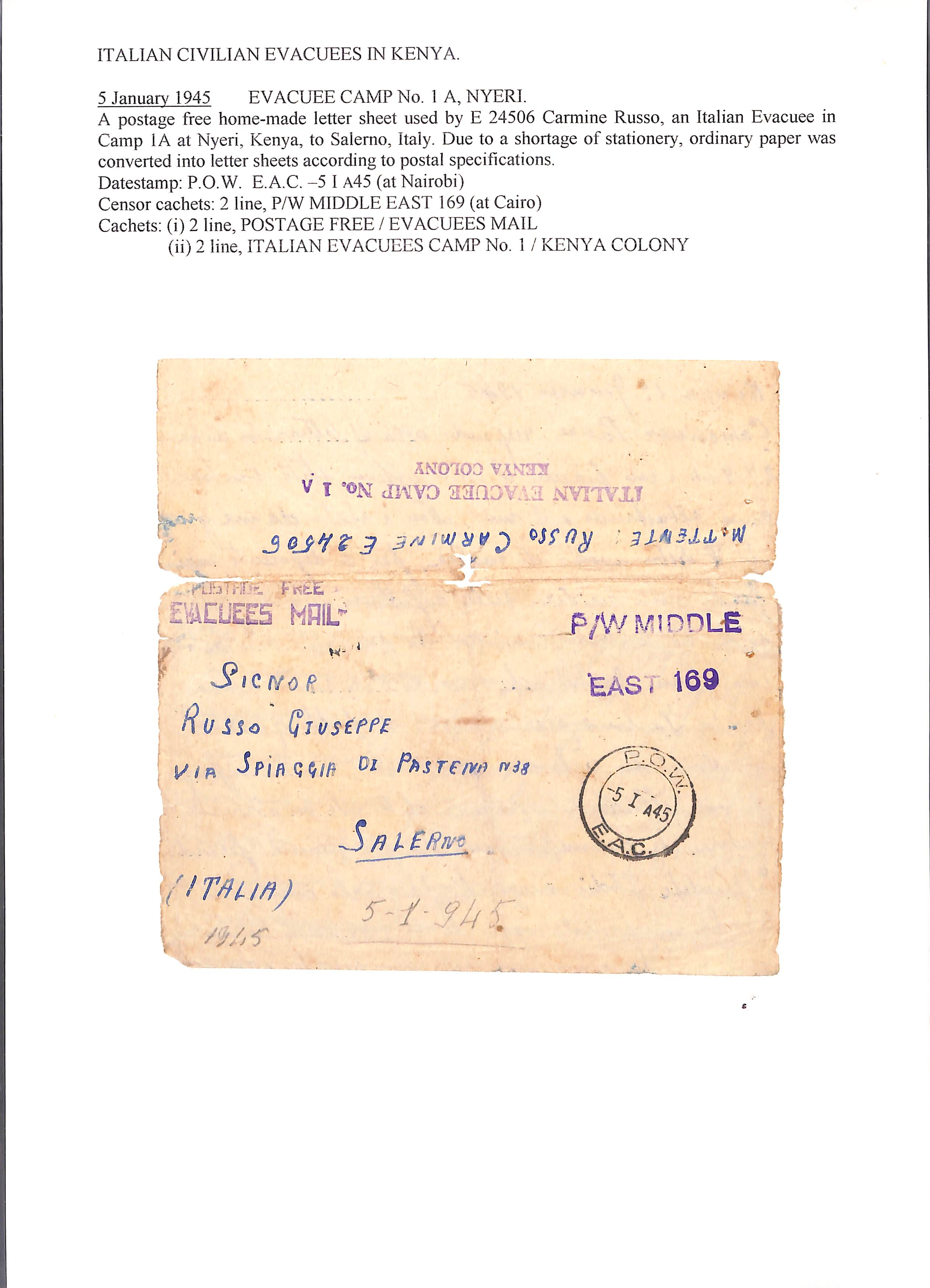 Internee Mail - Uganda/Kenya. 1943 Lettersheets or cards from Italian Internees in Uganda (2) or - Image 4 of 4