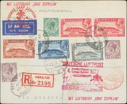 Gibraltar. 1928 (July 28) Registered cover to Recife franked 1/9, with cachets of the 4th South