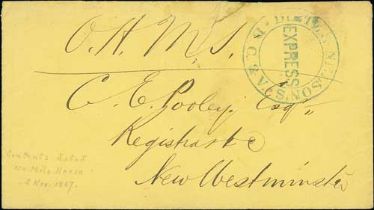 1867 (Nov 4) Stampless cover to C.E Pooley Esq., Registrar at New Westminster, headed "O.H.M.S", the