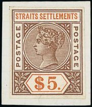 1892-99 $5 Imperforate colour trial in orange and reddish brown on gummed paper, affixed to a