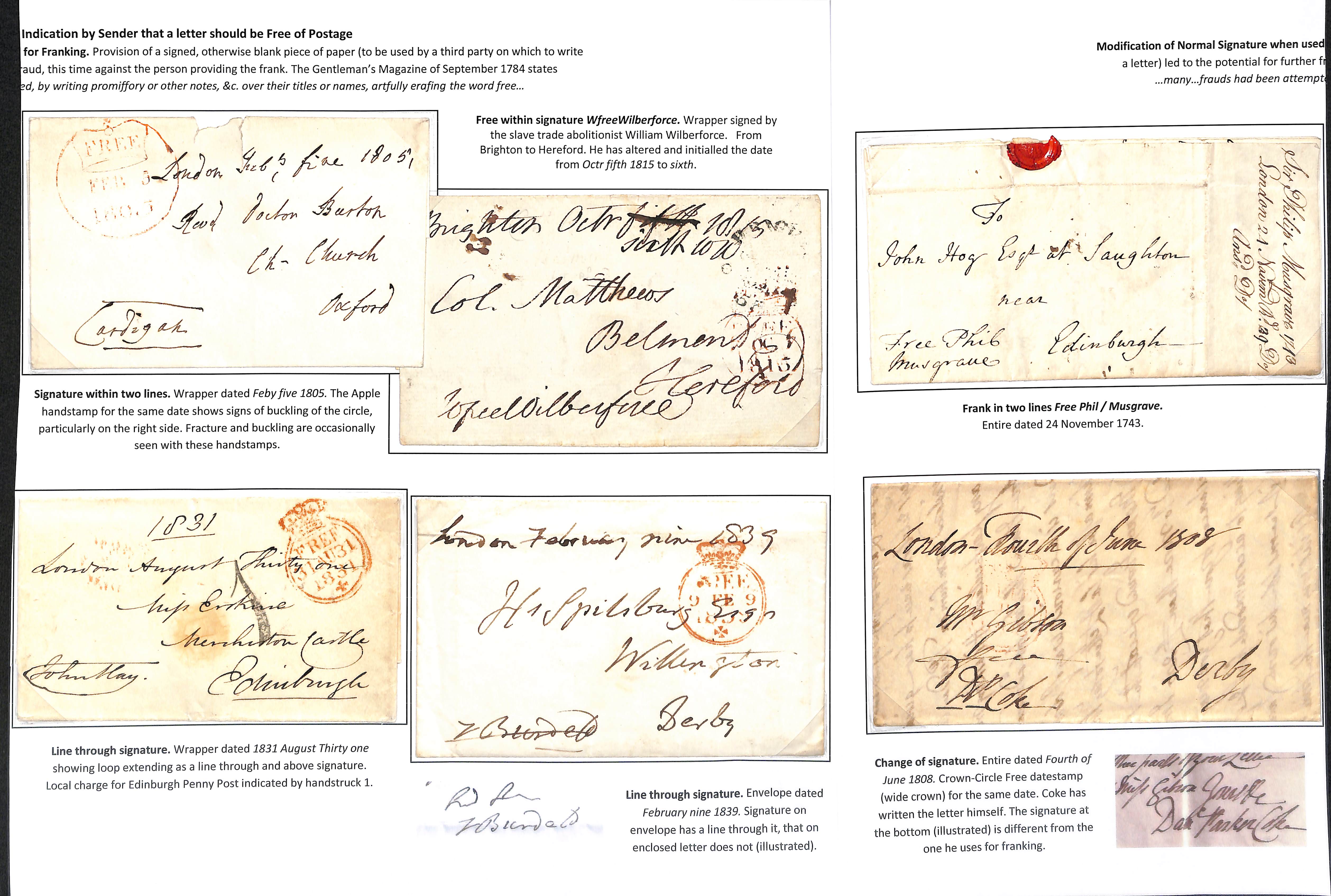 1743-1839 Entire letters all franked with M.Ps signatures which differ to those used on their