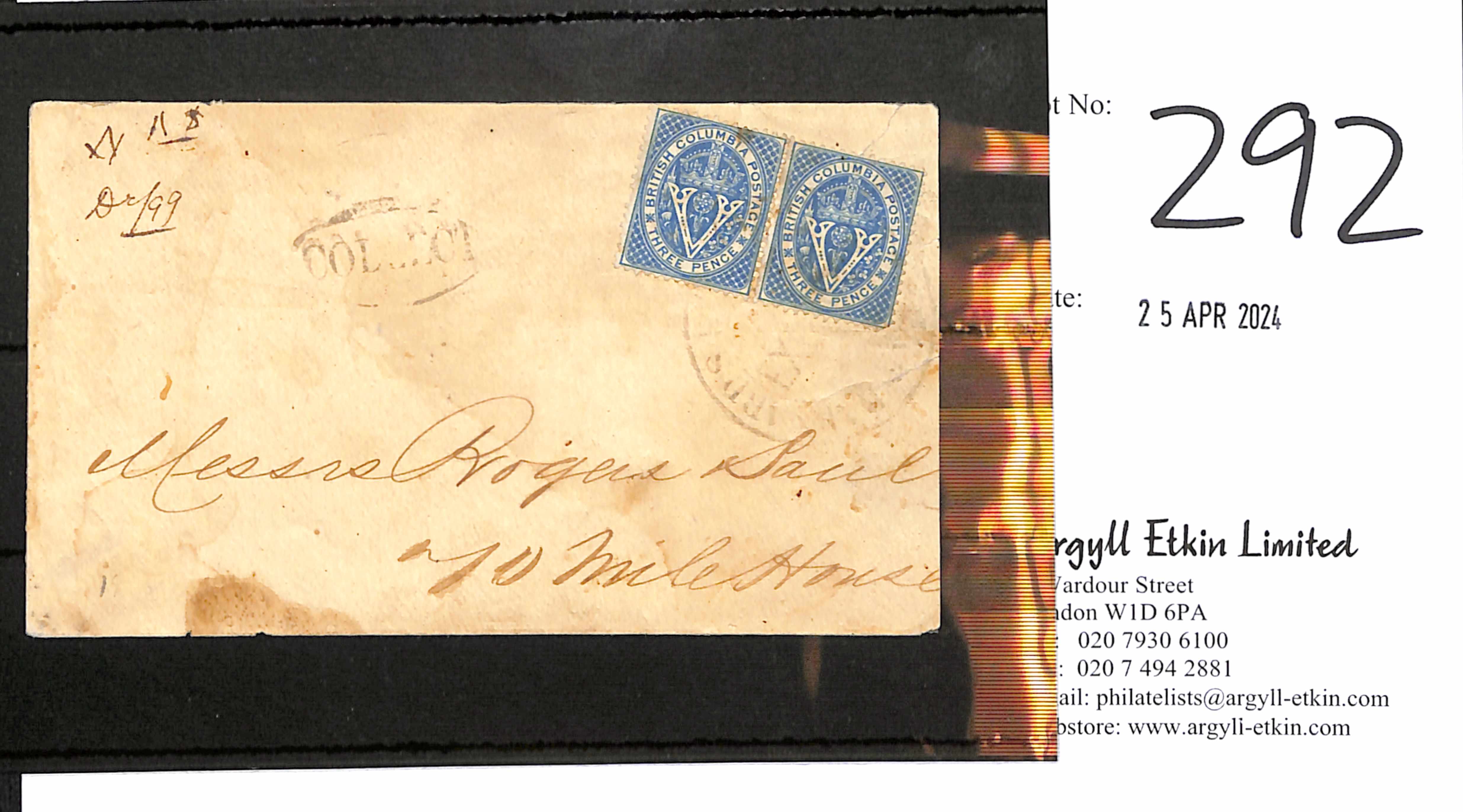 1870 (Sep 24) Cover from Yale (senders cachet on reverse) to 70 Mile House bearing 1867 3d pale blue