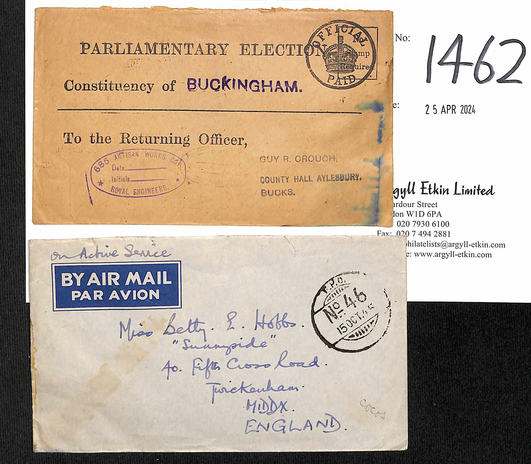 1945 (July 9 / Oct 15) Stampless O.A.S Covers with Indian "F.P.O / No. 46" datestamps, one on a