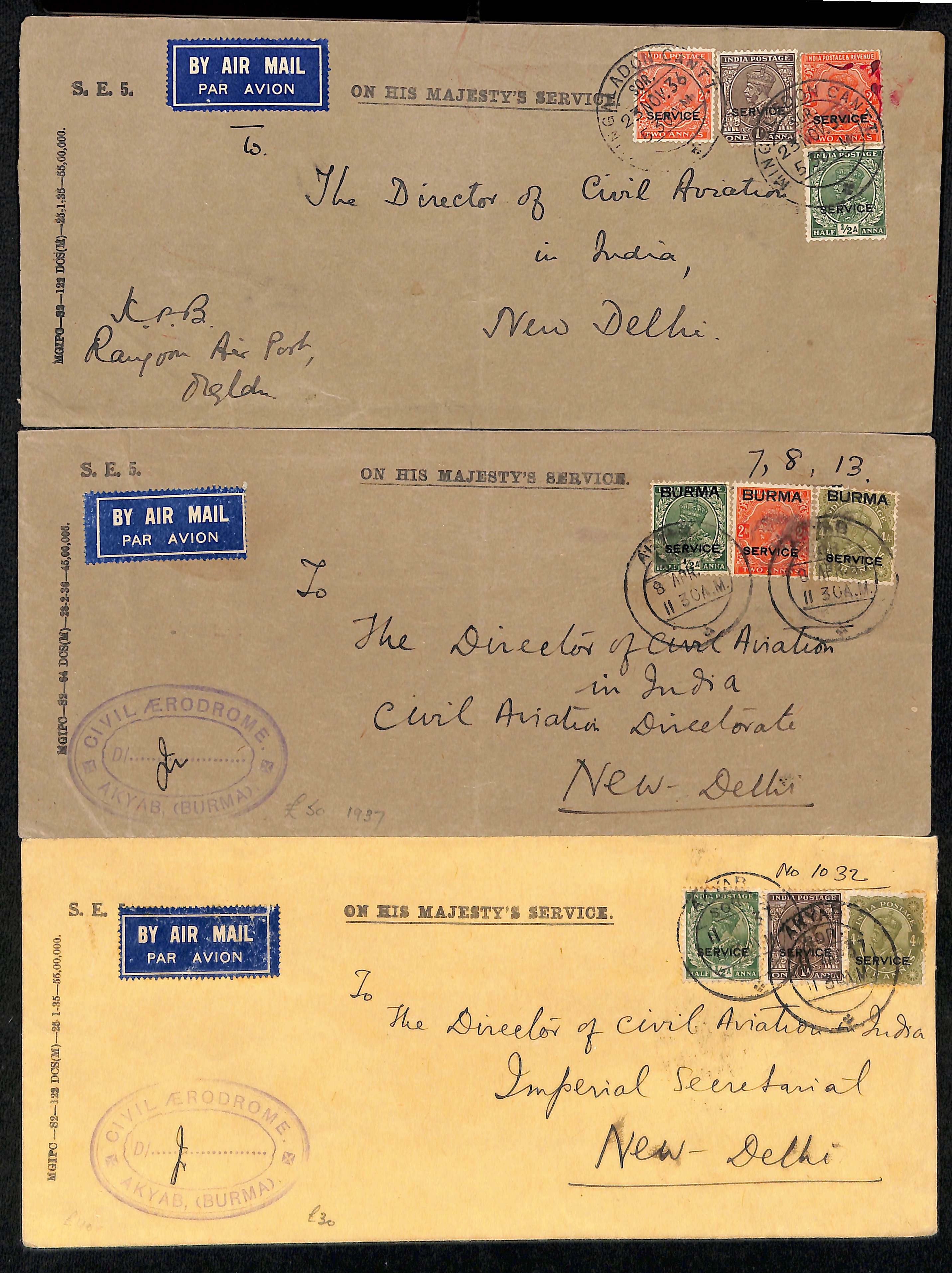 1936-9 Long Official covers sent by air to the Director of Civil Aviation in New Delhi (5) or to - Image 2 of 6