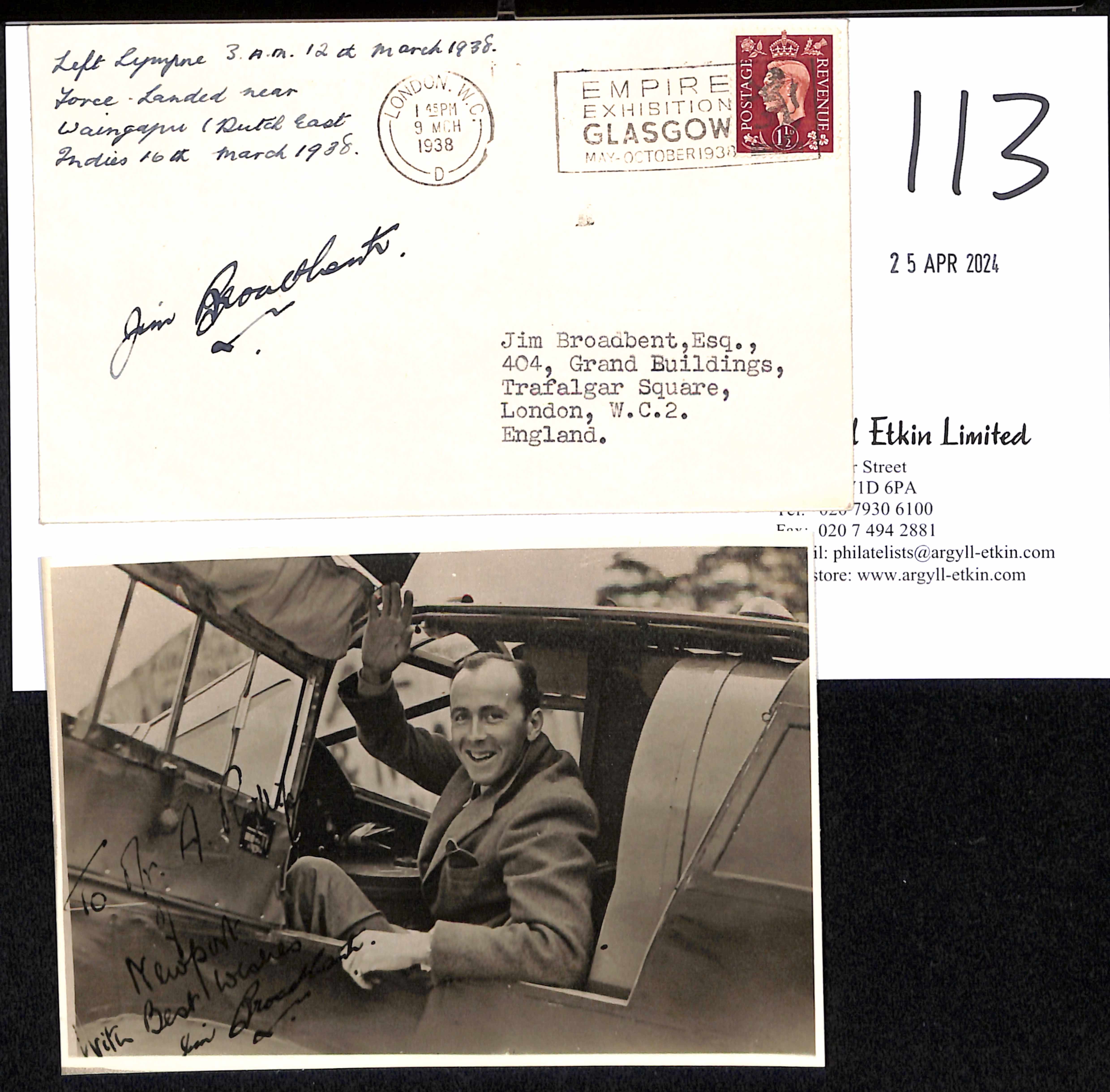 1938 (Mar 9) Jim Broadbent England to Australia solo flight attempt, cover franked 1½d posted in - Image 2 of 2