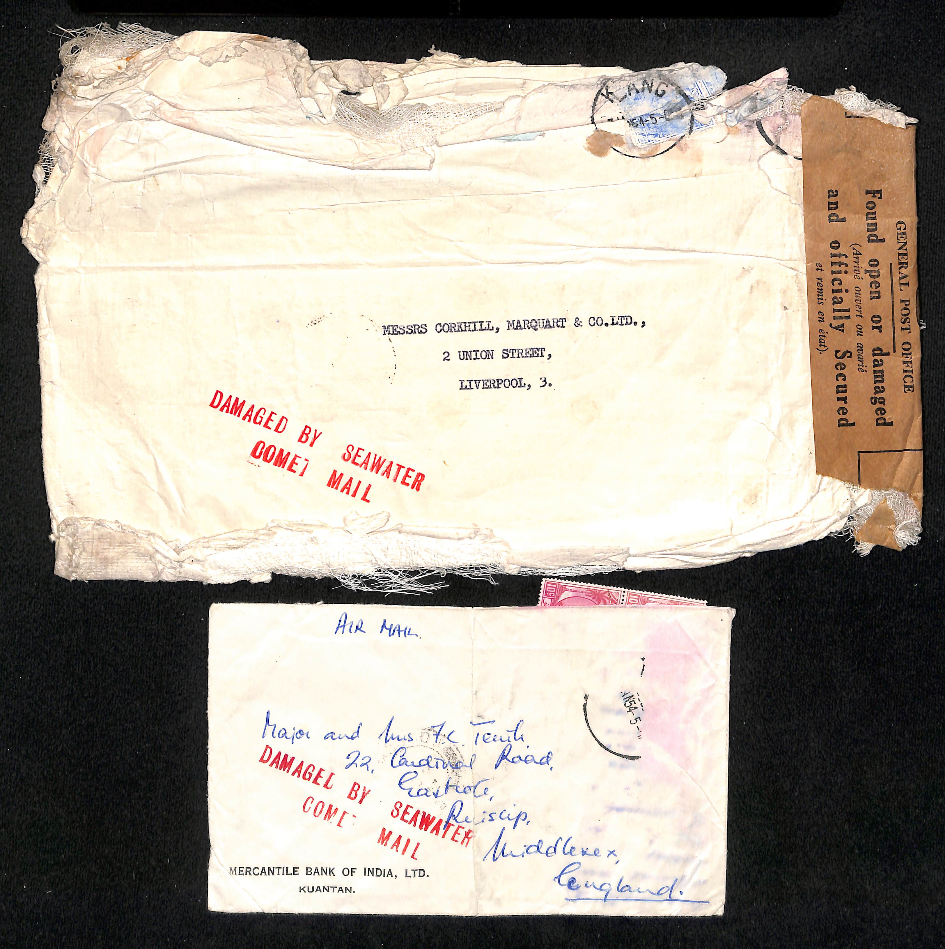 1954 (Jan. 7) Covers from Klang, Selangor, and Kuantan, Pahang (a pair of Trengganu stamps stuck - Image 2 of 3