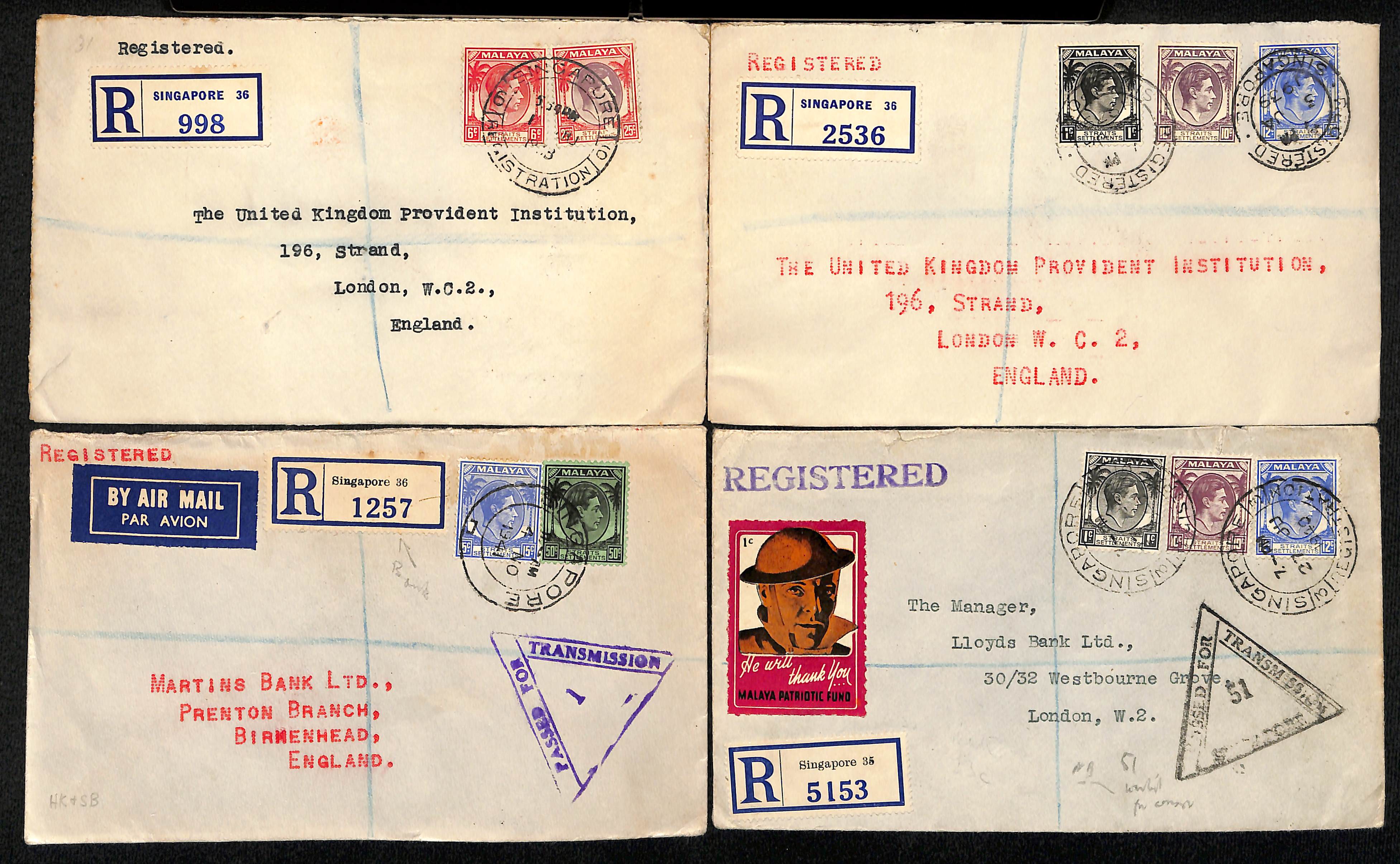 1938-60 Covers from the Chartered Bank of India bearing Singapore registration labels with numbers - Image 3 of 3