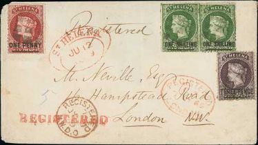1869 (June 12) Registered cover to London, the 2/4 rate paid by 1d + 3d + 1/- pair (S.G. 7, 11,