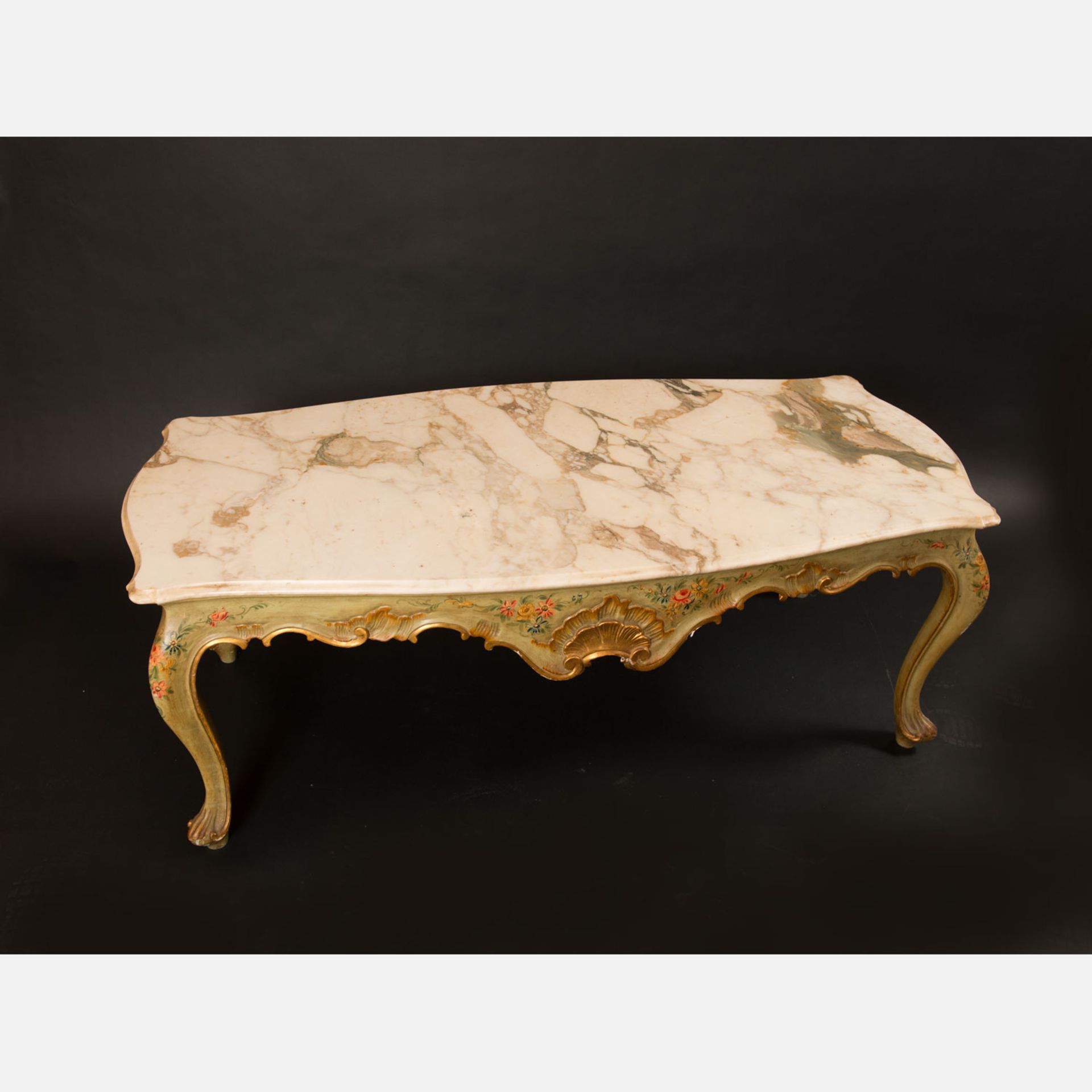 Venetian Sofa Table, in Baroque style, carved ornaments with lacquer decorations, white marble