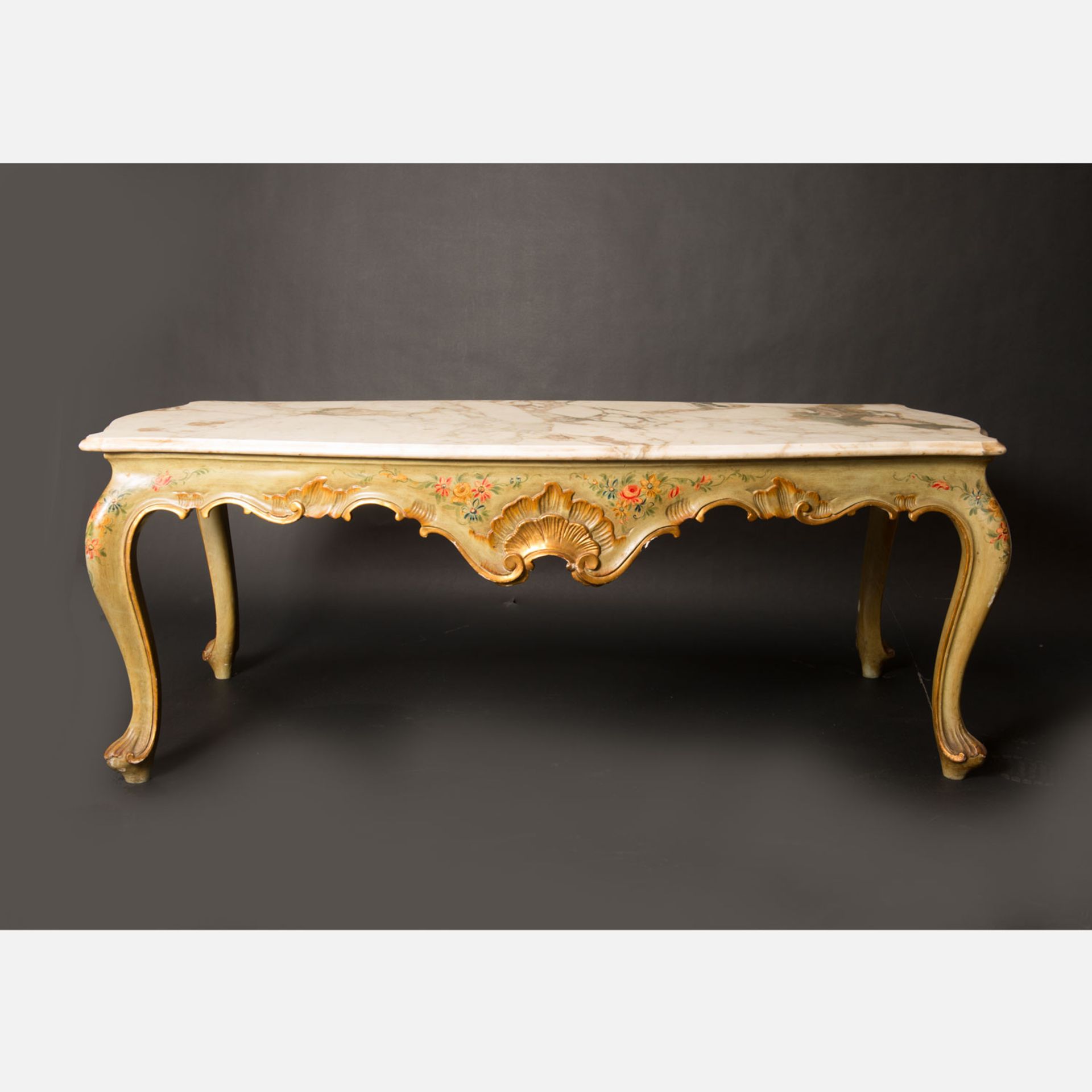 Venetian Sofa Table, in Baroque style, carved ornaments with lacquer decorations, white marble - Image 2 of 3