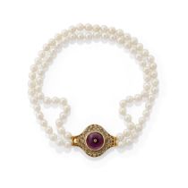 COLLIER EN OR PERLES DE CULTURE, AMETHYSTE ET DIAMANTS