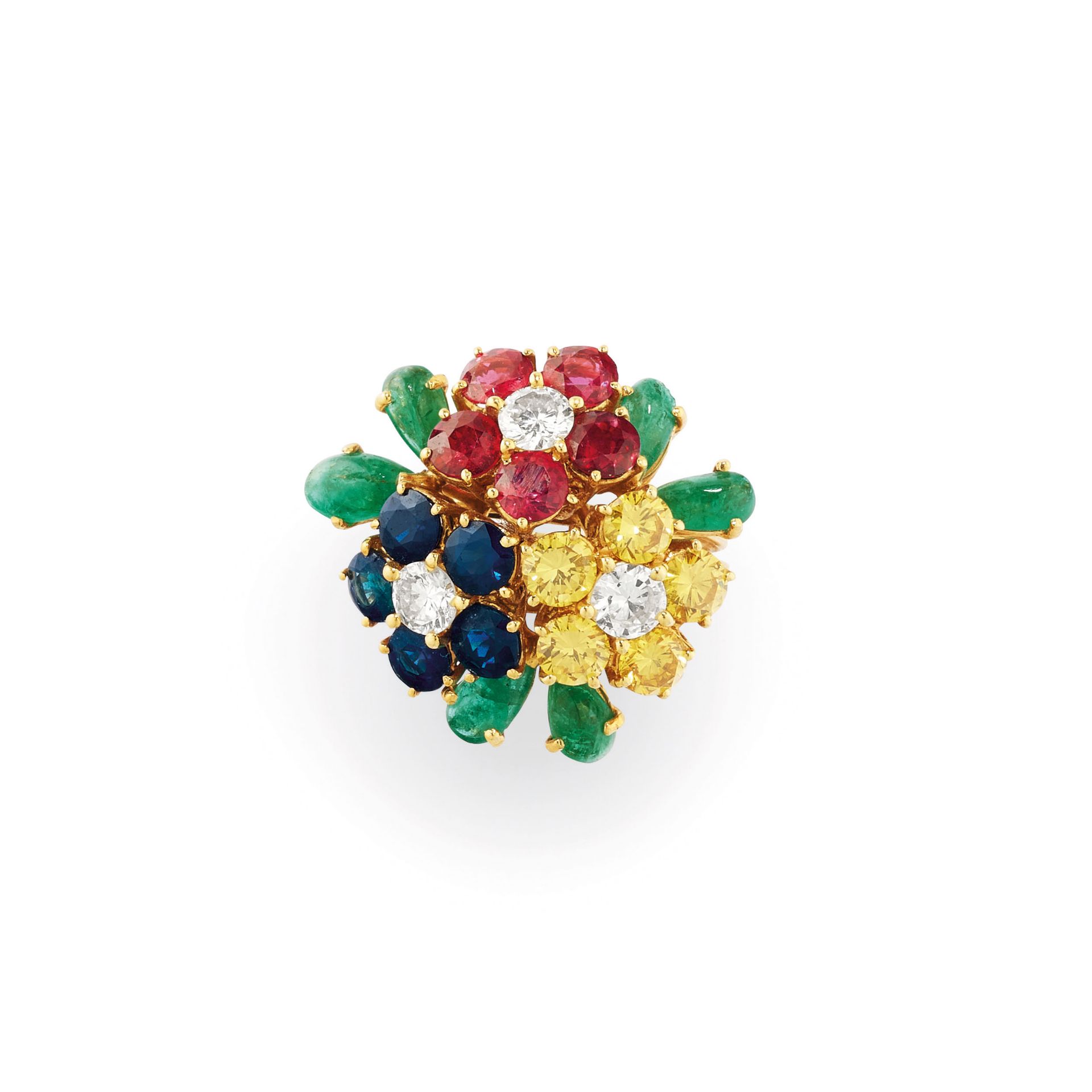 BAGUE EN OR, RUBIS, ÉMERAUDES, SAPHIRS, DIAMANTS JAUNES ET INCOLORES