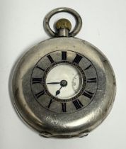 A .935 SILVER HALF HUNTER POCKET WATCH GROSS WEIGHT 77.57 GRAMS, REQUIRES ATTENTION