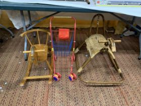 A VINTAGE WOODEN CHILD'S HORSE ROCKER, A WICKER HORSE ROCKER PLUS A CHILD'S SHOPPING TROLLEY