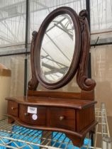 A VINTAGE MAHOGANY SWING FRAME DRESSING TABLE MIRROR WITH THREE LOWER DRAWERS