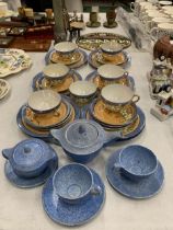 AN ART DECO CLEWS AND CO CHAMELEON WARE BLUE PART TEA SET AND FURTHER JAPANESE CUPS AND SAUCERS