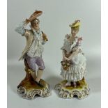 A PAIR OF 19TH CENTURY VON SCHIERHOLZ DRESDEN LACE CONTINENTAL PORCELAIN FIGURES, HEIGHT 18CM