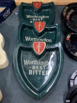 THREE WORTHINGTON BITTER, SHIELD SHAPE CERAMIC ASHTRAYS