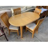 A MODERN HARDWOOD EXTENDING DINING TABLE, 58 X 35" (LEAF 18") AND FOUR CHAIRS