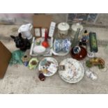 AN ASSORTMENT OF ITEMS TO INCLUDE CLOCKS, CERAMICS AND A PIGGY BANK ETC