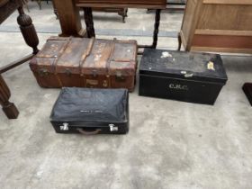 A COMPRESSED FIBRE TRAVELLING TRUNK, ANTLER SUITCASE AND METALWARE DEED BOX