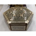 A DAMASK, MOTHER OF PEARL INLAID HEXAGONAL BOX