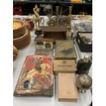 A MIXED LOT TO INCLUDE HIP FLASK, RELIGIOUS PLAQUE, TINPLATE TRAIN STATION ITEMS ETC
