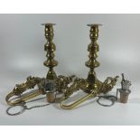 A MIXED LOT TO INCLUDE A PAIR OF BRASS PUSH UP CANDLESTICKS HEIGHT 19.5CM, PAIR OF ORNATE CURTAIN