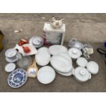 AN ASSORTMENT OF CERAMICS AND GLASS WARE TO INCLUDE PLATES AND A DECANTER ETC