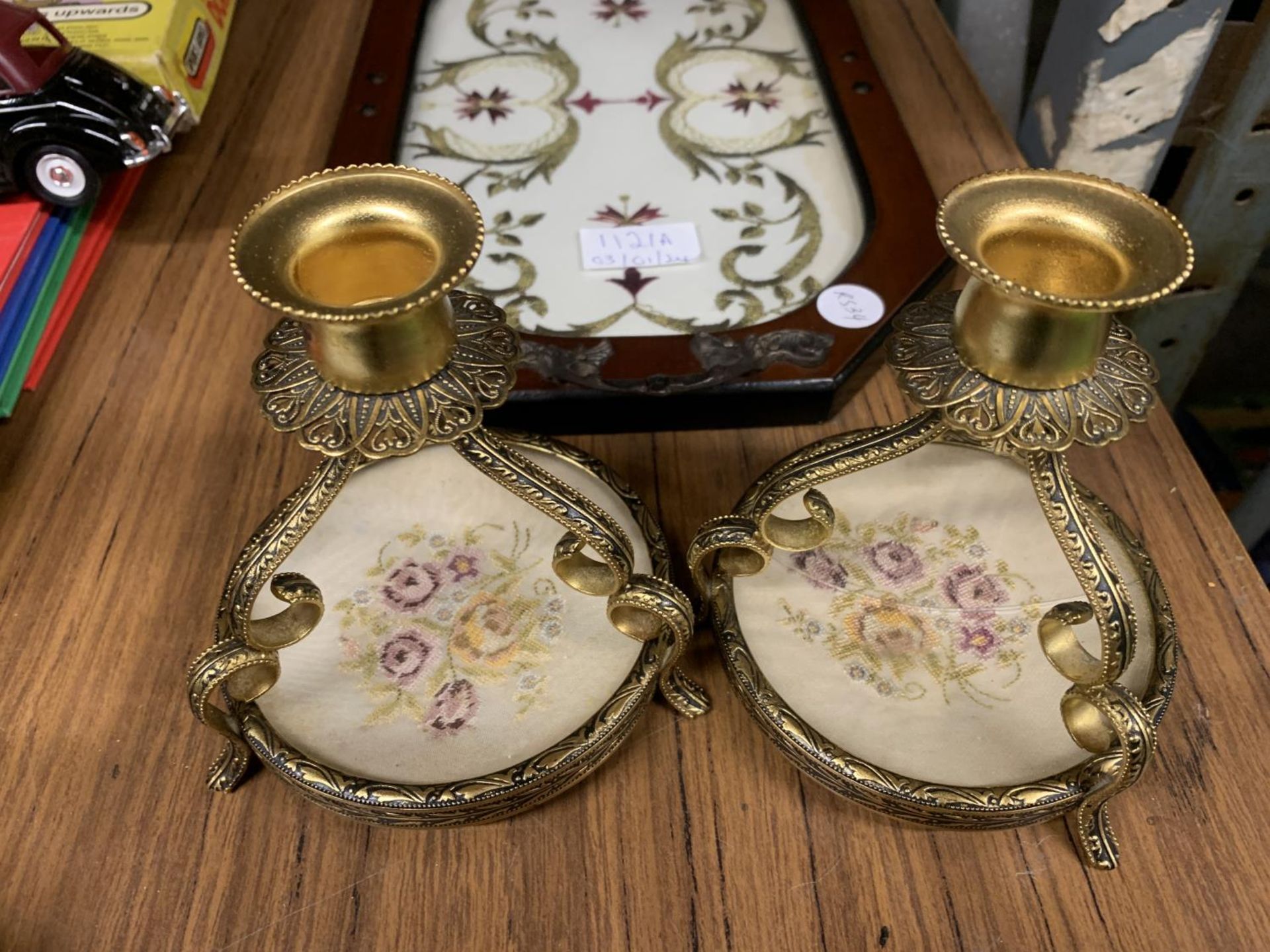 A VINTAGE WOODEN TRAY INLAID WITH SILK EMBROIDERY WITH TWO PETIT POINT CANDLESTICKS - Image 3 of 3