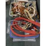 A BOX OF ASSORTED COSTUME JEWELLERY NECKLACES ETC
