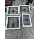 FOUR VINTAGE WOODEN FRAMED GLAZED AND LEADED STAIN GLASS WINDOWS