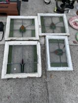 FOUR VINTAGE WOODEN FRAMED GLAZED AND LEADED STAIN GLASS WINDOWS