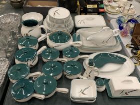 A LARGE FIFTY PIECE BOURNE DENBY STONEWARE DINNER SERVICE COMPRISING LIDDED OVEN DISH, SAUCE POTS,