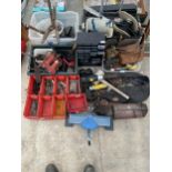 A LARGE ASSORTMENT OF TOOLS TO INCLUDE A DRILL, FOOT PUMP AND SHEARS ETC