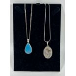 TWO .925 SILVER NECKLACES WITH BLUE STONE AND LOCKET PENDANT DESIGNS, LARGEST 20" CHAIN LENGTH