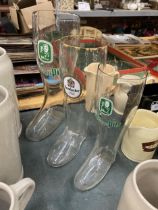 THREE LARGE GLASS BITBURGER PILS AND KROMBACHER GLASS 'ALE' BOOTS, TALLEST 34CM