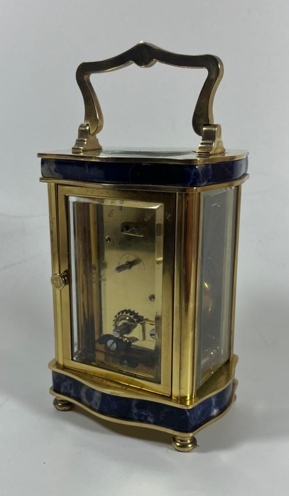 A QUALITY ENGLISH ANGELUS BRASS CASED CARRIAGE CLOCK WITH LAPIS LAZULI BANDED DESIGN, WORKING AT - Image 3 of 5