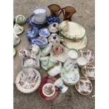 AN ASSORTMENT OF CERAMICS TO INCLUDE CUPS AND BLUE AND WHITE ITEMS ETC