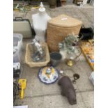 AN ASSORTMENT OF ITEMS TO INCLUDE A MANEQUIN TORSO, A WICKER BASKET AND A LAMP ETC