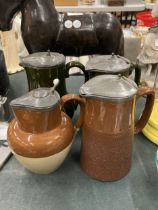 FOUR VICTORIAN PEWTER LIDDED JUGS IN GOOD CONDITION